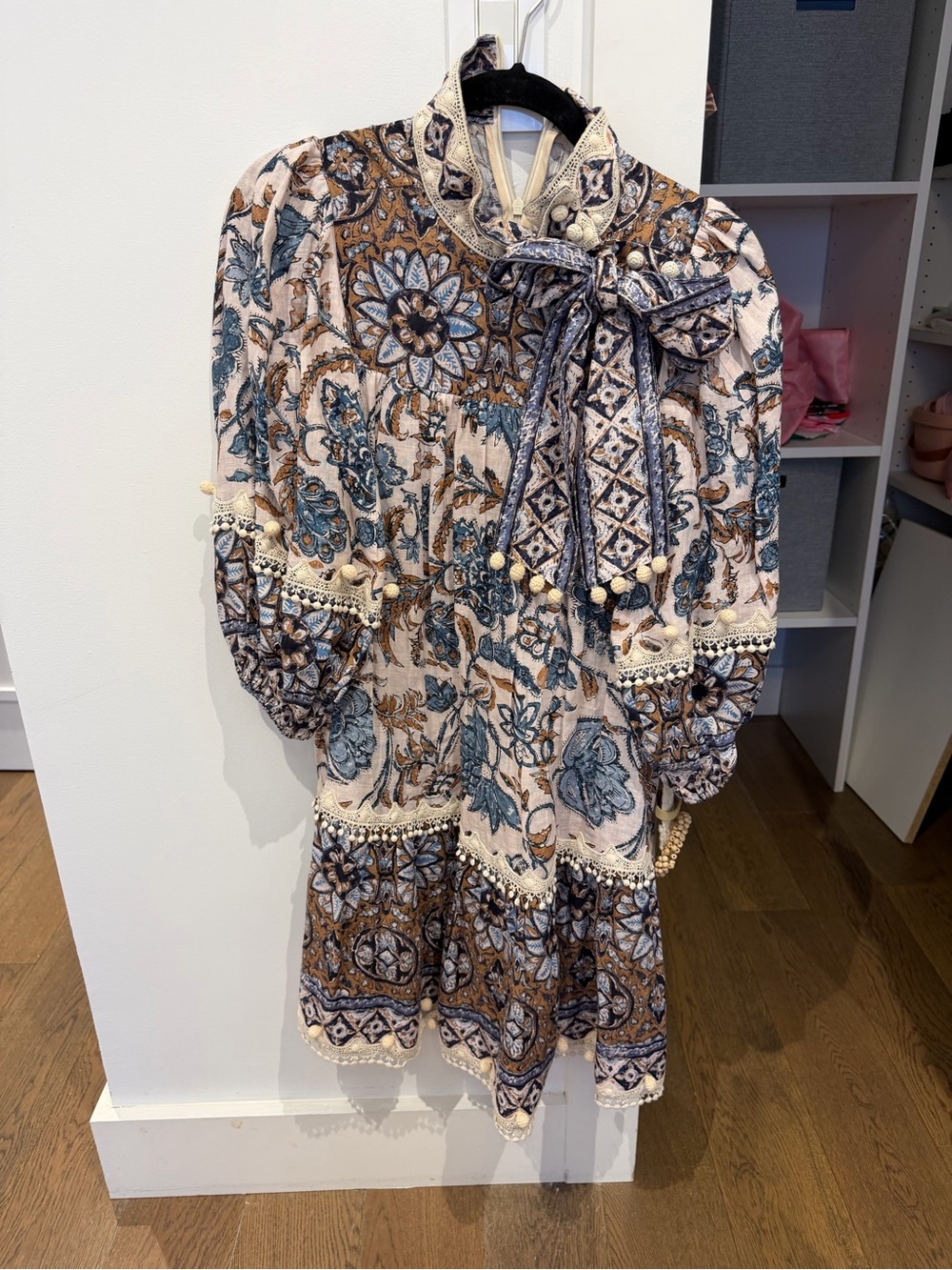 Zimmermann Cream, Teal & Brown Floral Tie-Neck Mini Dress